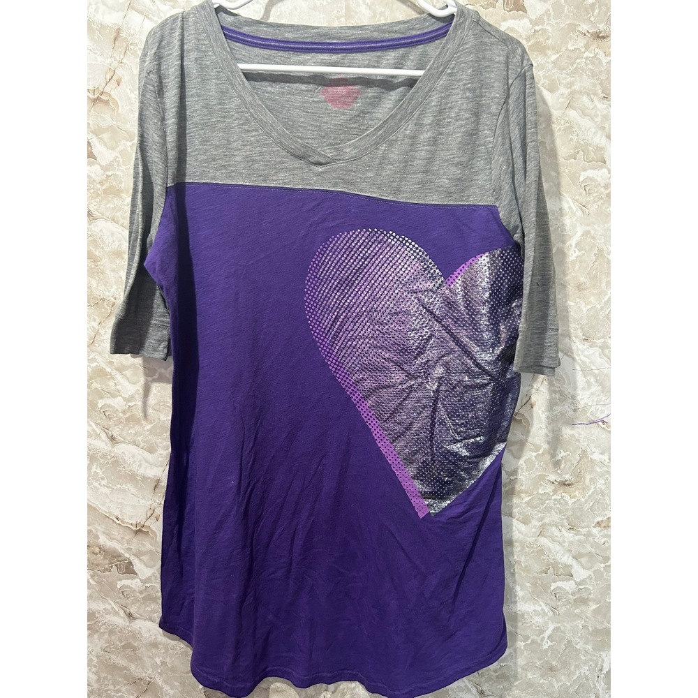 Sleepwear Separates Top V-Neck Heart Print 3/4 Sleeve Gray Purple XL